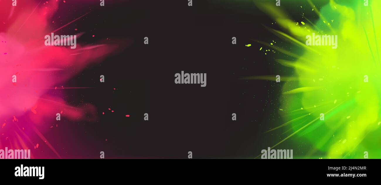 Poster with color powder explosions, splashes of pink and green paint ...