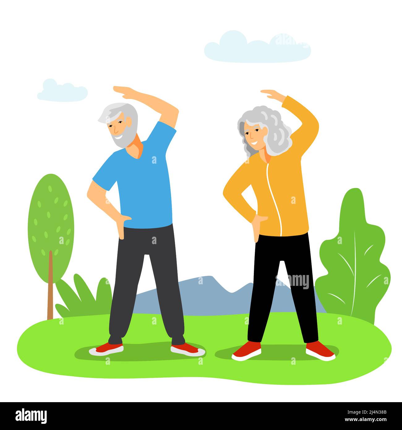 Exercises for the elderly An elderly woman and an elderly man doing