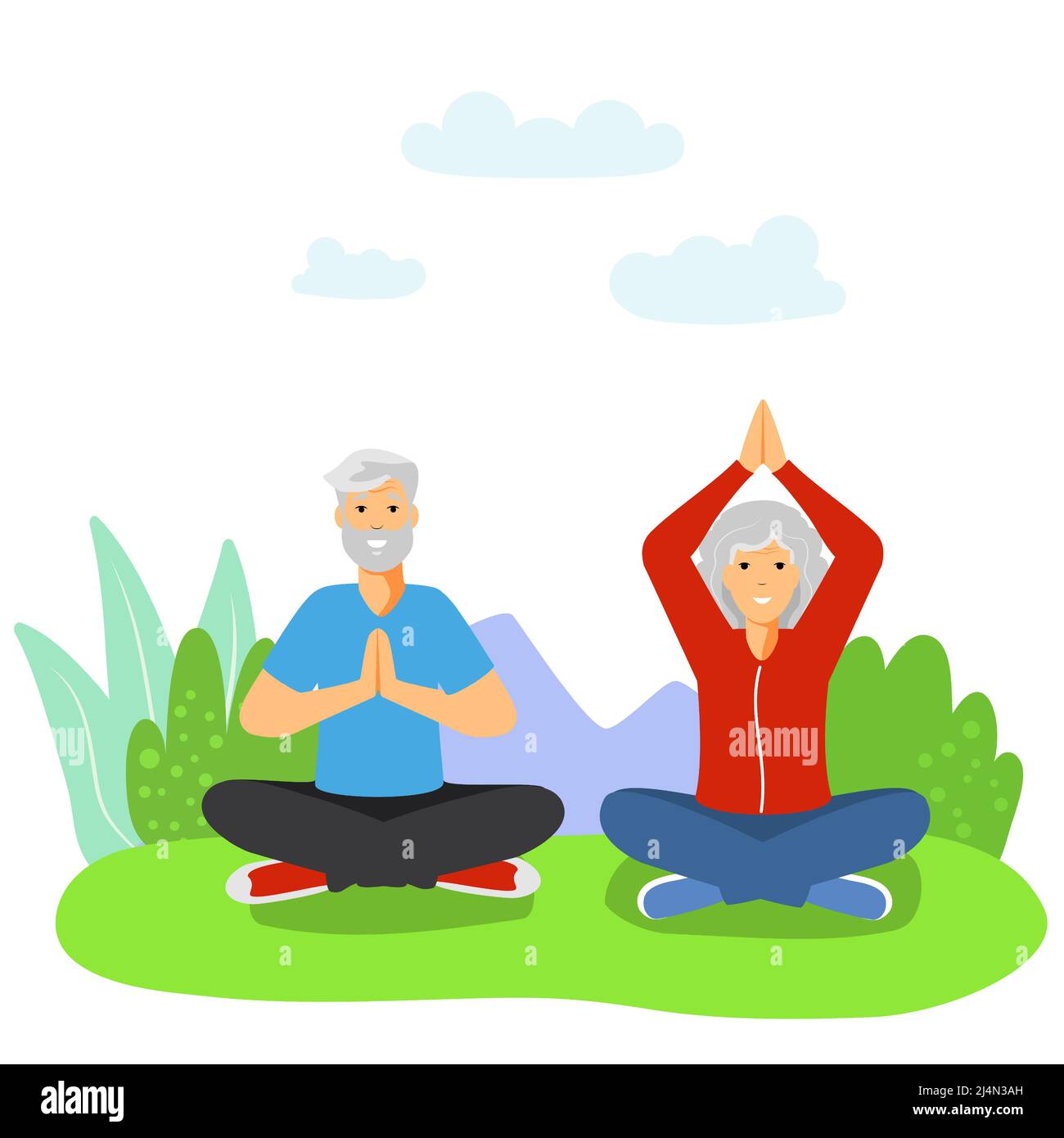 Elderly people doing sport flat vector illustrations concept. Old couple pensioners practicing doing exercises Stock Vector