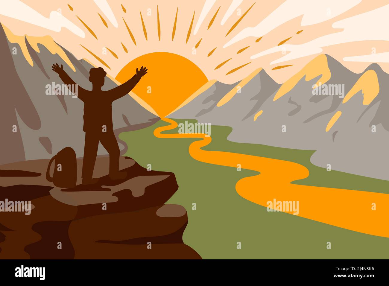 Man climbing to the snowcapped mountains Delight from the conquest of the peak Landscape of the