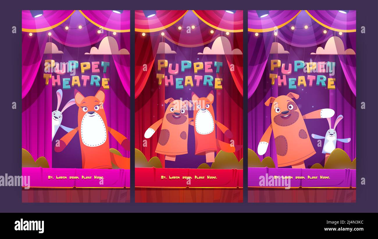 Puppet theatre, marionette show for kids posters with dog, rabbit and fox dolls on stage with red curtains. Vector invitation flyers with cartoon illu Stock Vector