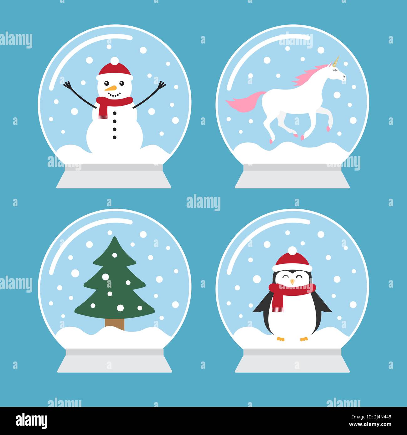 Vector flat cartoon set bundle of snow balls with penguin, snowman, unicorn and Christmas tree spruce isolated on blue background Stock Vector