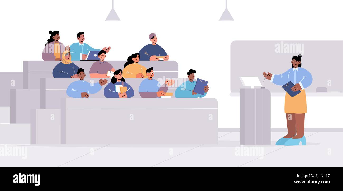 University lecture hall with teacher at pulpit and multiracial students. Concept of education, public seminar, international conference. Vector flat i Stock Vector