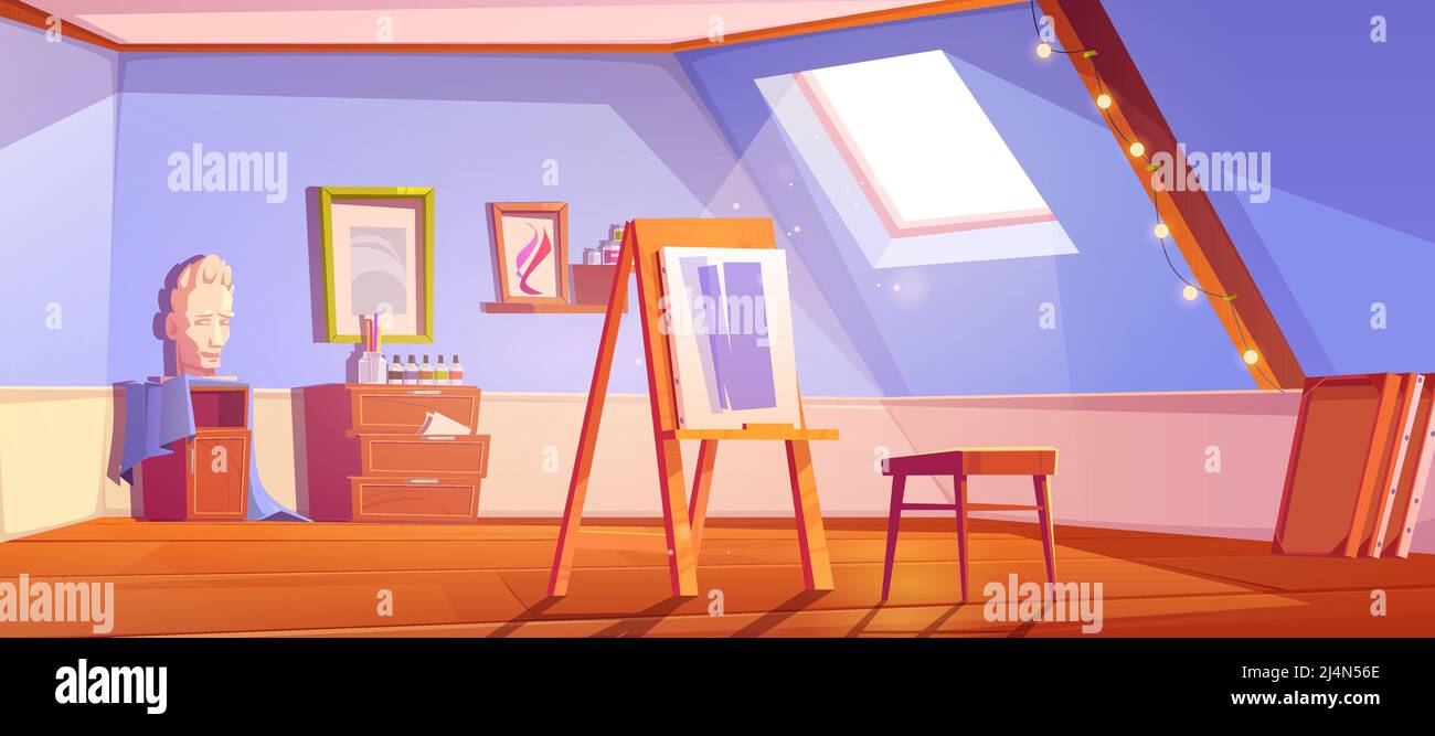 Artist studio on attic, art or classroom interior at house