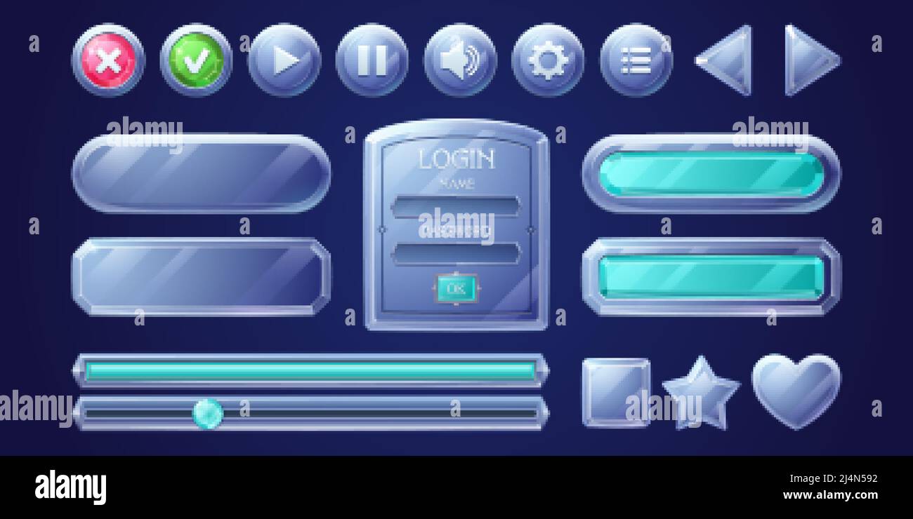 Glass game buttons, ui or ux menu panel design elements, progress bars