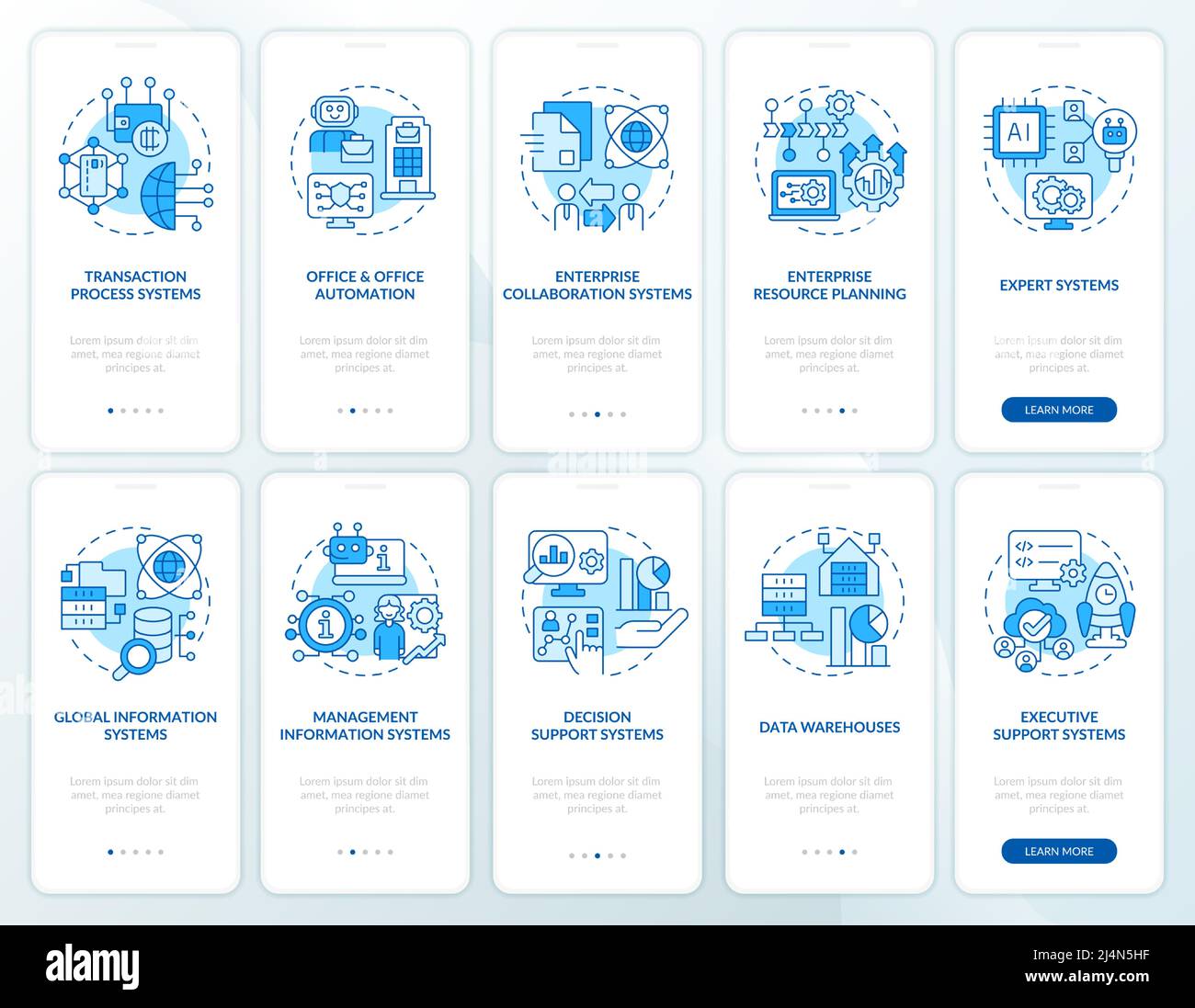 Information systems application blue onboarding mobile app screen set Stock Vector