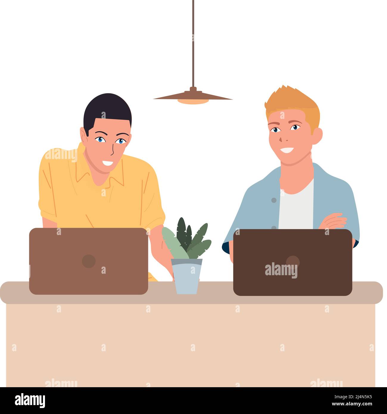 Two guys work in the office on laptops. Vector Stock Vector