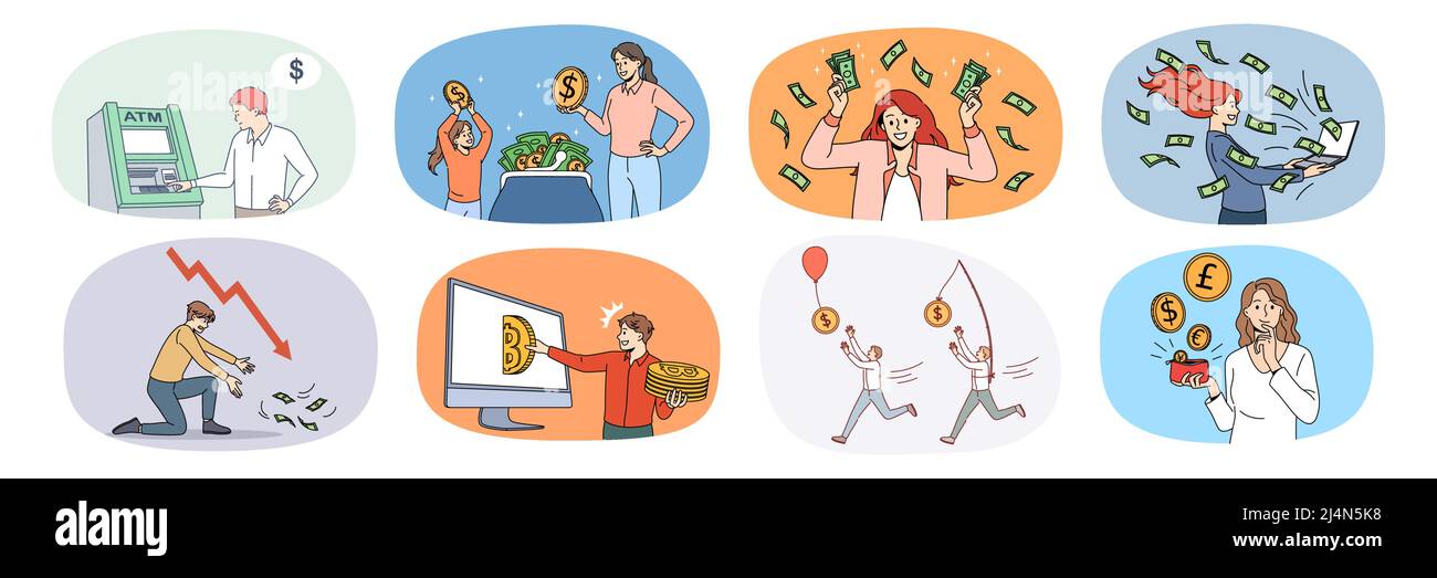 Collection of diverse people excited with money income or profit. Set of men and women plan budget manage expenses and expenditures. Finance and banking. Vector illustration.  Stock Vector