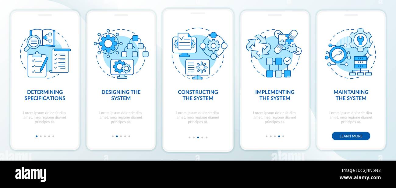 Info system development life cycle blue onboarding mobile app screen Stock Vector