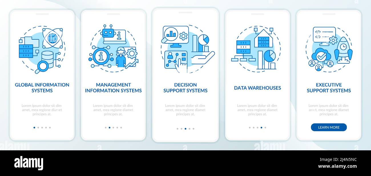 Common types of information systems blue onboarding mobile app screen Stock Vector