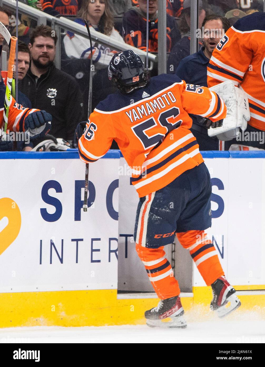 Edmonton, Canada. 16th Apr 2022. Edmonton Oilers' Kailer Yamamoto (56)  leaves the ice after being injured during second period NHL action against  the Vegas Golden Knights, in Edmonton, Saturday, April 16, 2022.