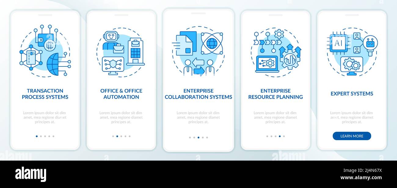 Variety of information systems blue onboarding mobile app screen Stock ...