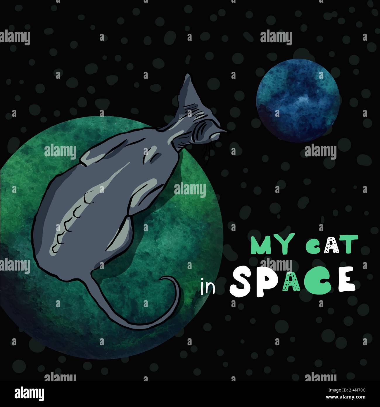 Cat and in space hand drawn vector illustration. Fantastic