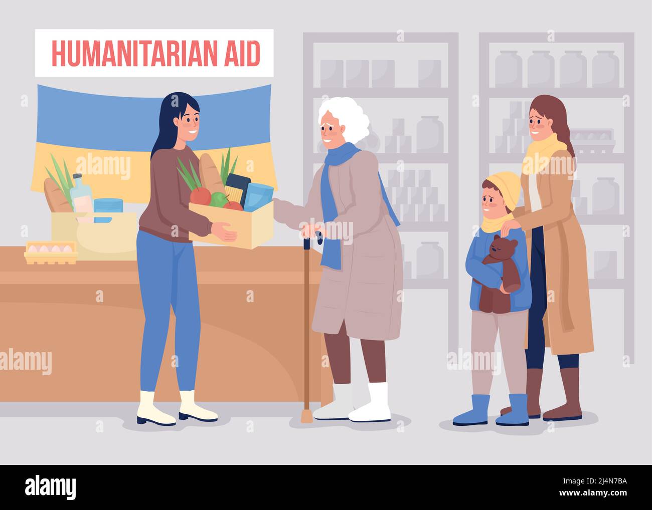Humanitarian hub visit flat color vector illustration Stock Vector