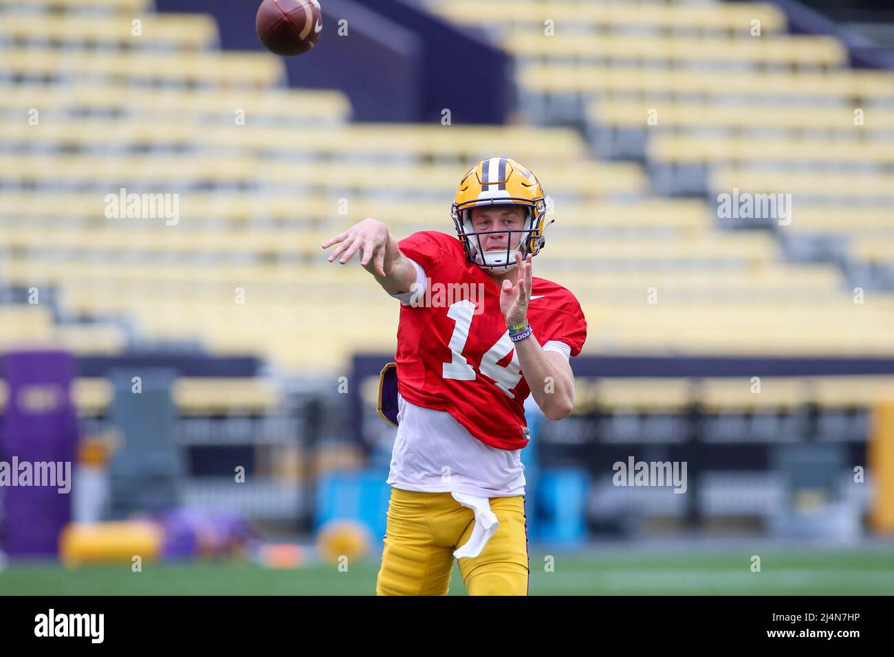 April 16, 2022: LSU quarterback Walker Howard (14) delivers a pass during the final week of spring football practice at Tiger Stadium in Baton Rouge, LA. Jonathan Mailhes/CSM/Sipa USA(Credit Image: Stock Photo