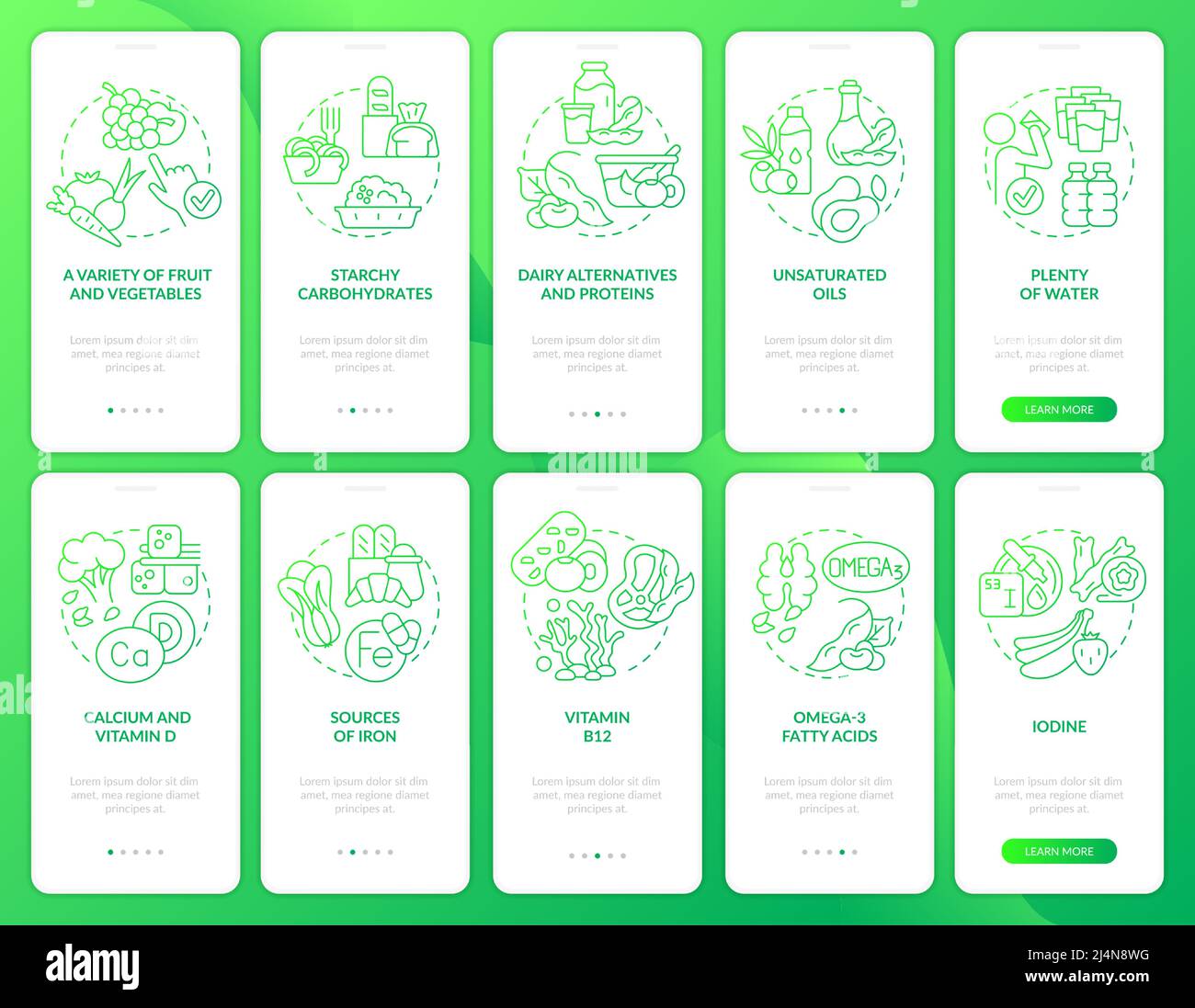 Vegan lifestyle green gradient onboarding mobile app screen set Stock ...