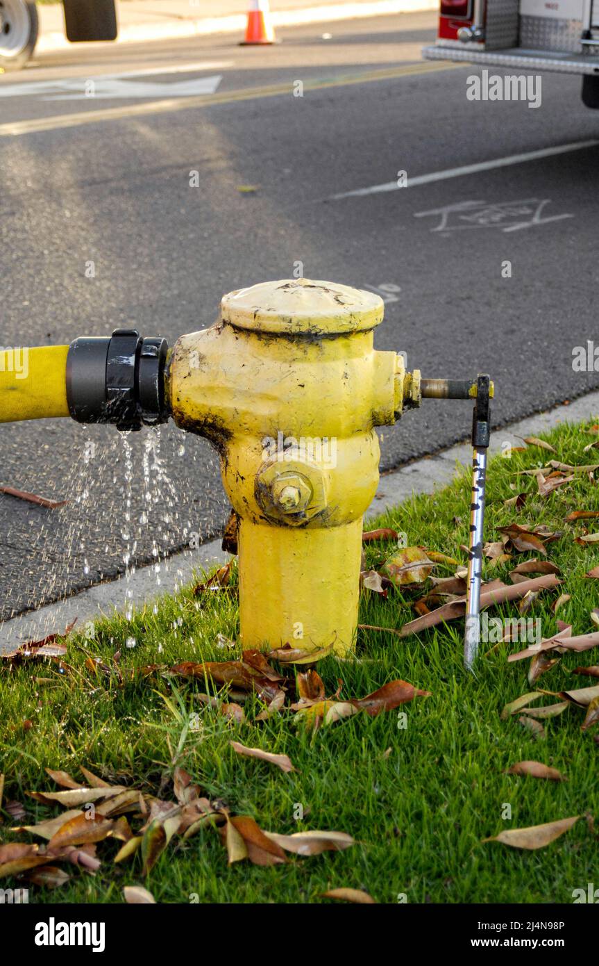 Fire hydrant supplies water at a structure fire Stock Photo