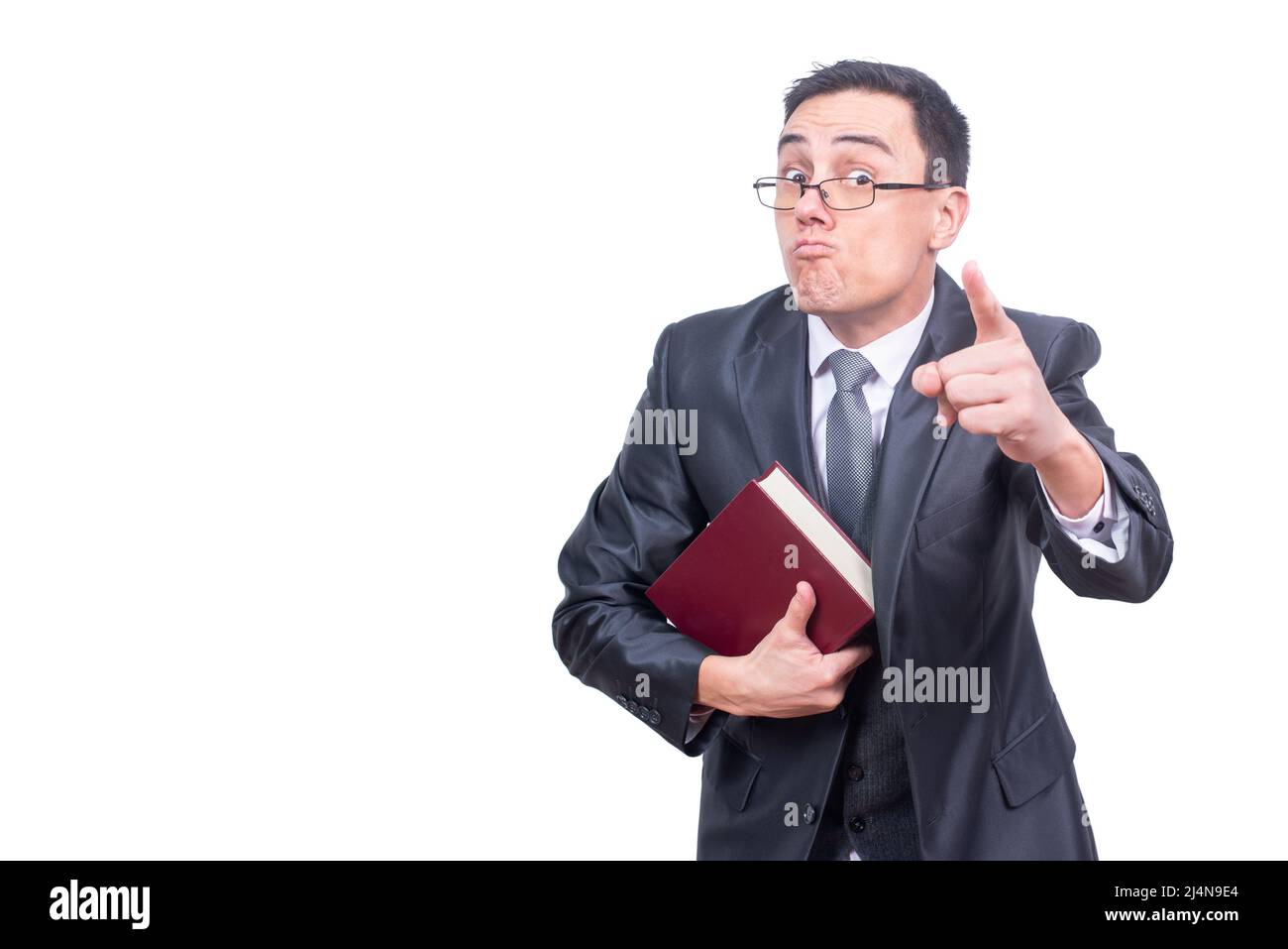 Scolding teacher with book in studio against whitebackground Stock Photo