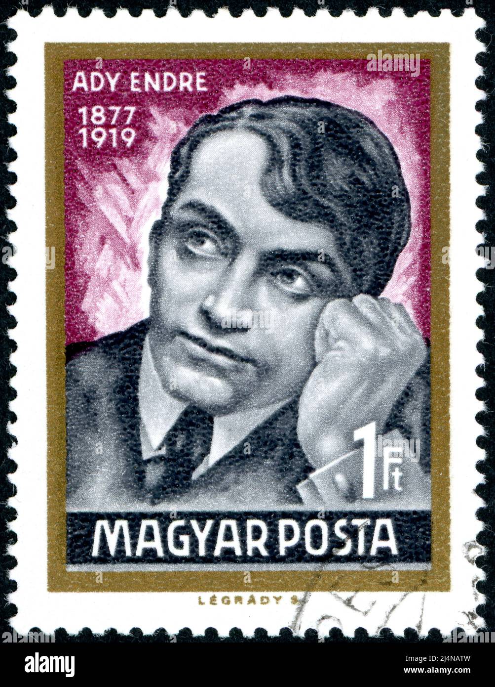 HUNGARY - CIRCA 1969: Postage stamp printed in Hungary, showing portrait of Endre Ady, a Hungarian poet and journalist, circa 1969 Stock Photo