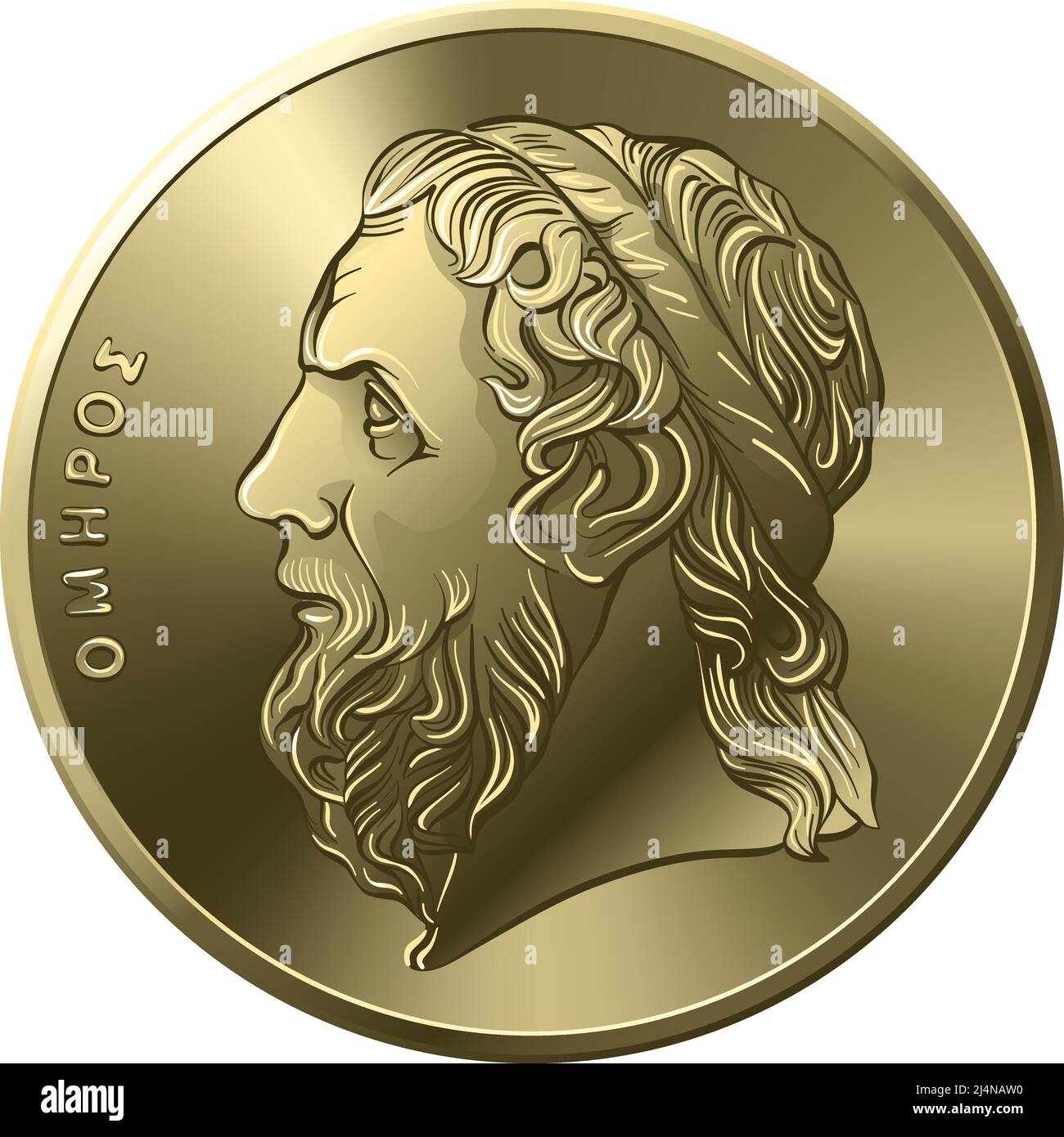 vector obverse of Greek money, 50 drachmas coin with Homer profile Stock Vector