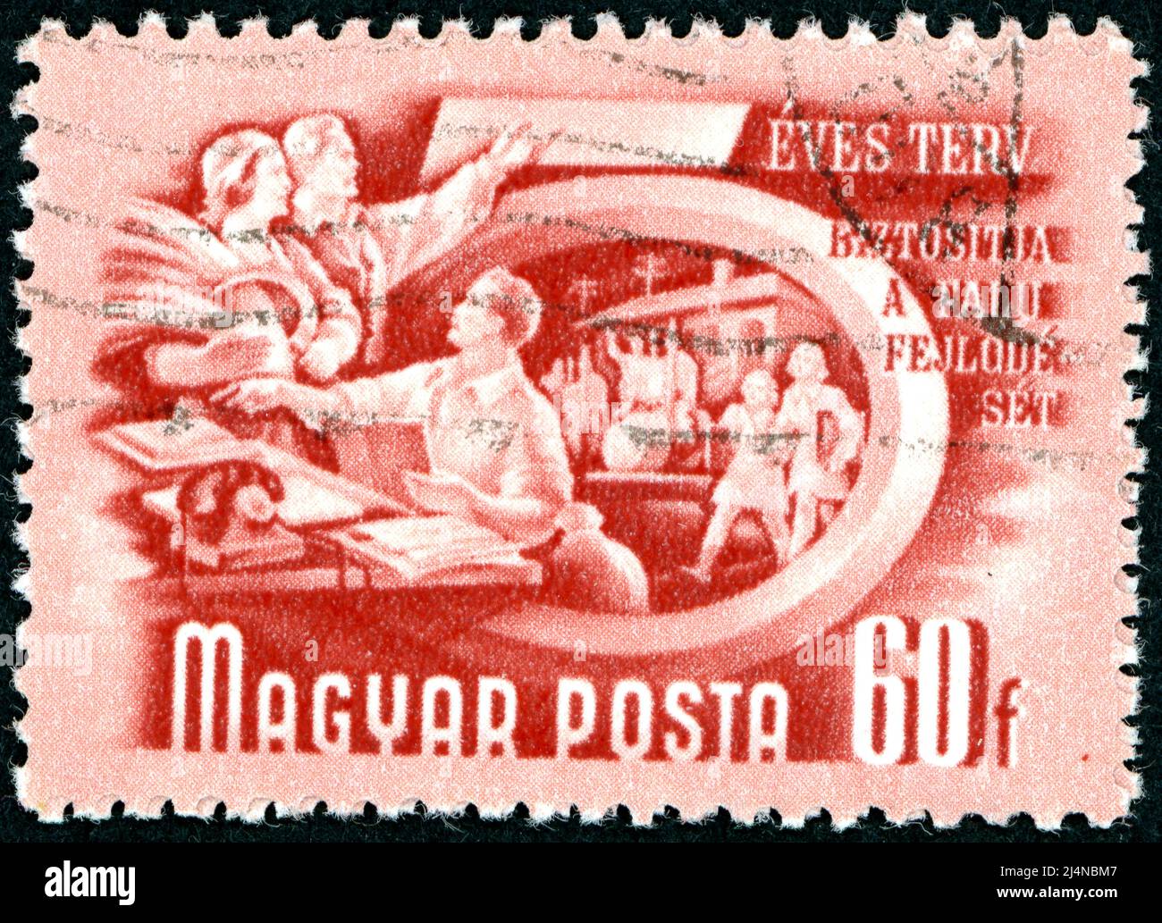 HUNGARY - CIRCA 1950: A stamp printed in Hungary, dedicated to Hungary's Five Year Plan, depict Agricultural cooperation, circa 1950 Stock Photo