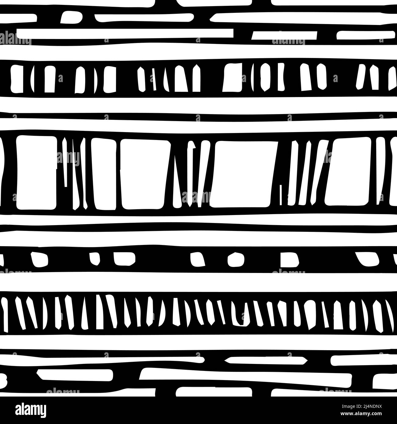 Black white abstract hand drawn vector repeat seamless border pattern. Ink effect, scribble illustration contains rectangles, line elements, shapes, m Stock Vector