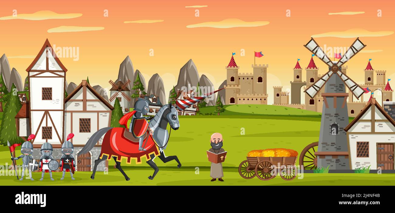 Medieval town scene with villagers and castle illustration Stock Vector ...
