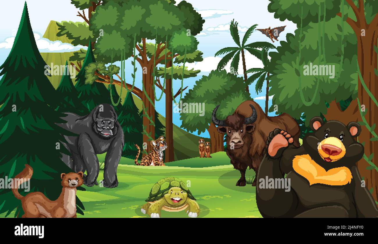 Forest scene with various wild animals illustration Stock Vector
