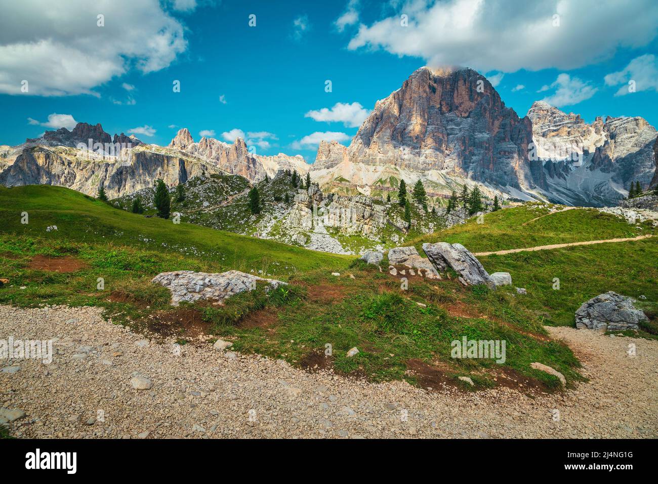 Winding hiking trail on the mountain slope in the Dolomites, Italy, Europe Stock Photo