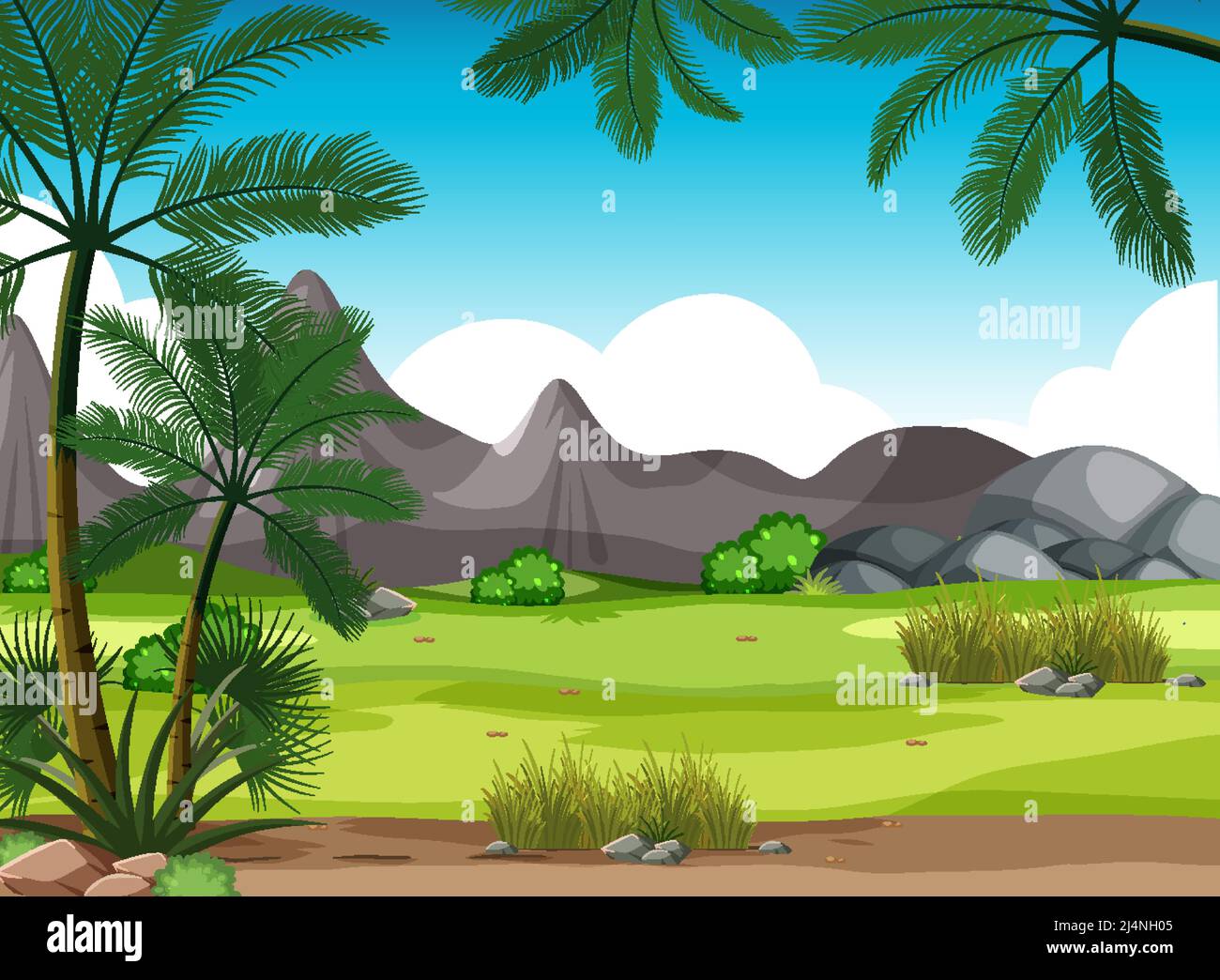 Scene with green grass and mountains illustration Stock Vector Image ...