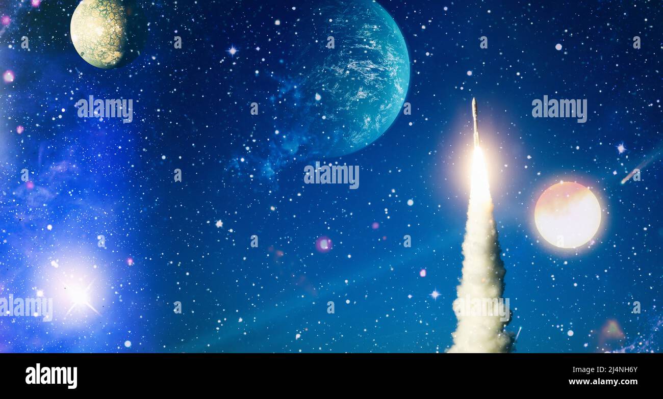 Spaceship flight.Space shuttle launch in the clouds to outer space. Dark space with stars on background.  Elements of this image furnished by NASA Stock Photo