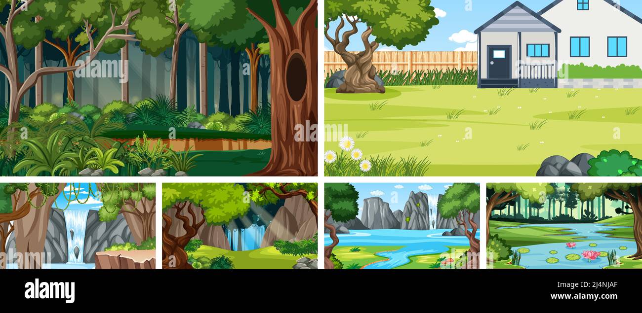Nature scene with many trees and river illustration Stock Vector Image ...