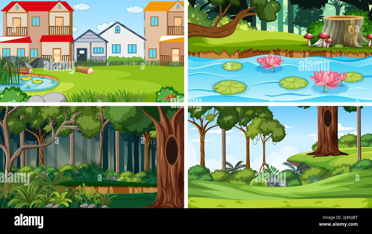 Nature scene with many trees and field illustration Stock Vector Image ...