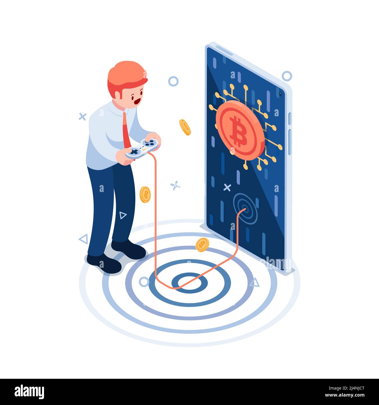 Flat 3d Isometric Businessman Playing Crypto Games on Smartphone. Play to Earn and Cryptocurrency Concept. Stock Vector