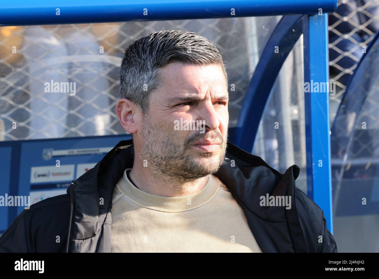 April 16, 2022, Dunkerque, France: Coach Dunkerque Romain Revelli during  the French championship Ligue 2 football match between USL Dunkerque and Grenoble  Foot 38 on April 16, 2022 at Marcel Tribut stadium