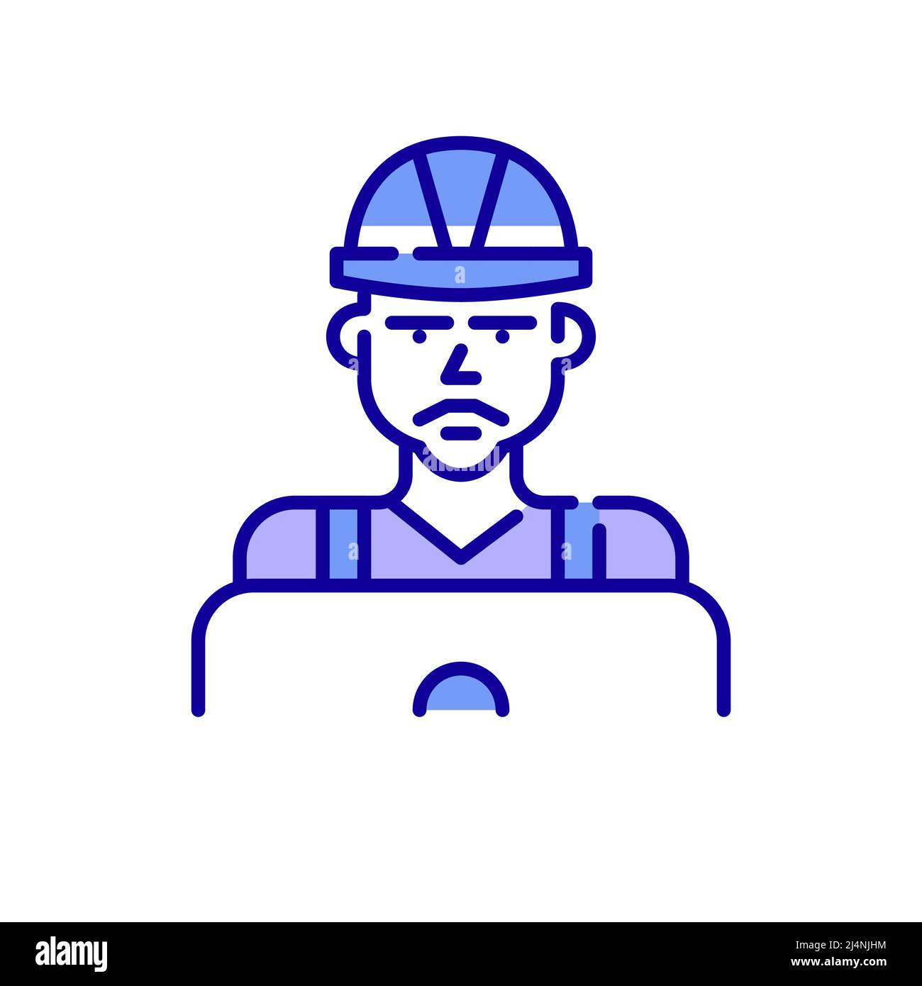 Construction worker using laptop. Pixel perfect, editable stroke color icon Stock Vector