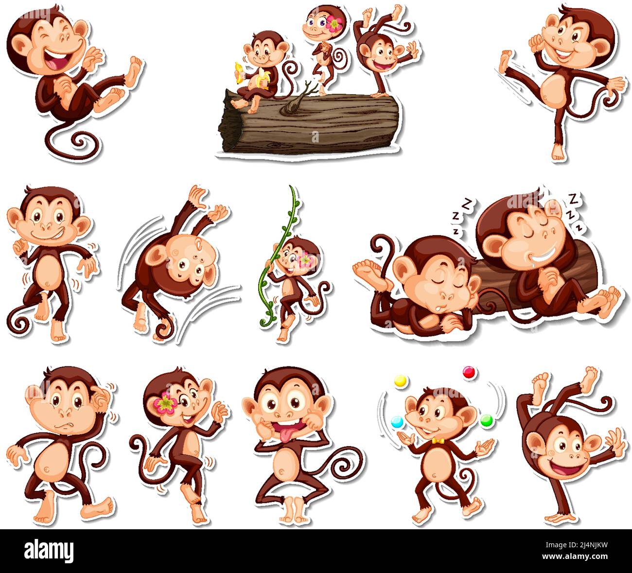 Sticker set of funny monkey cartoon characters illustration Stock ...