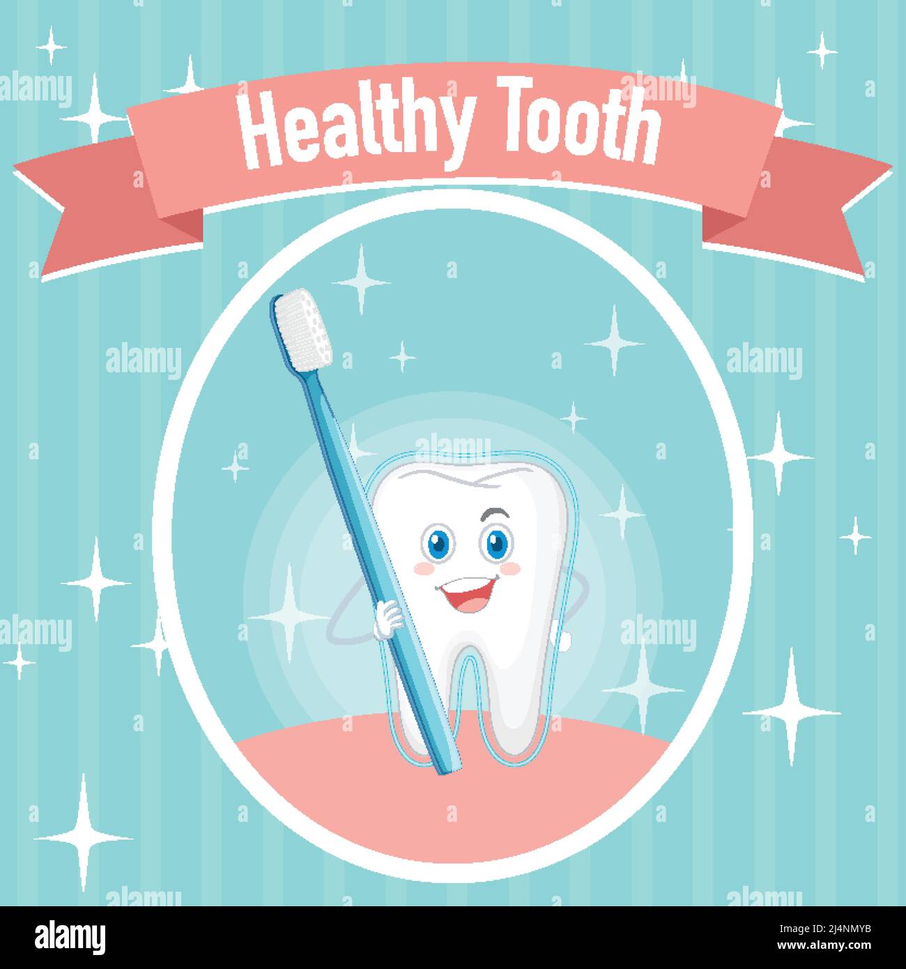 Dental healthy a big teeth holding toothbrush poster illustration Stock