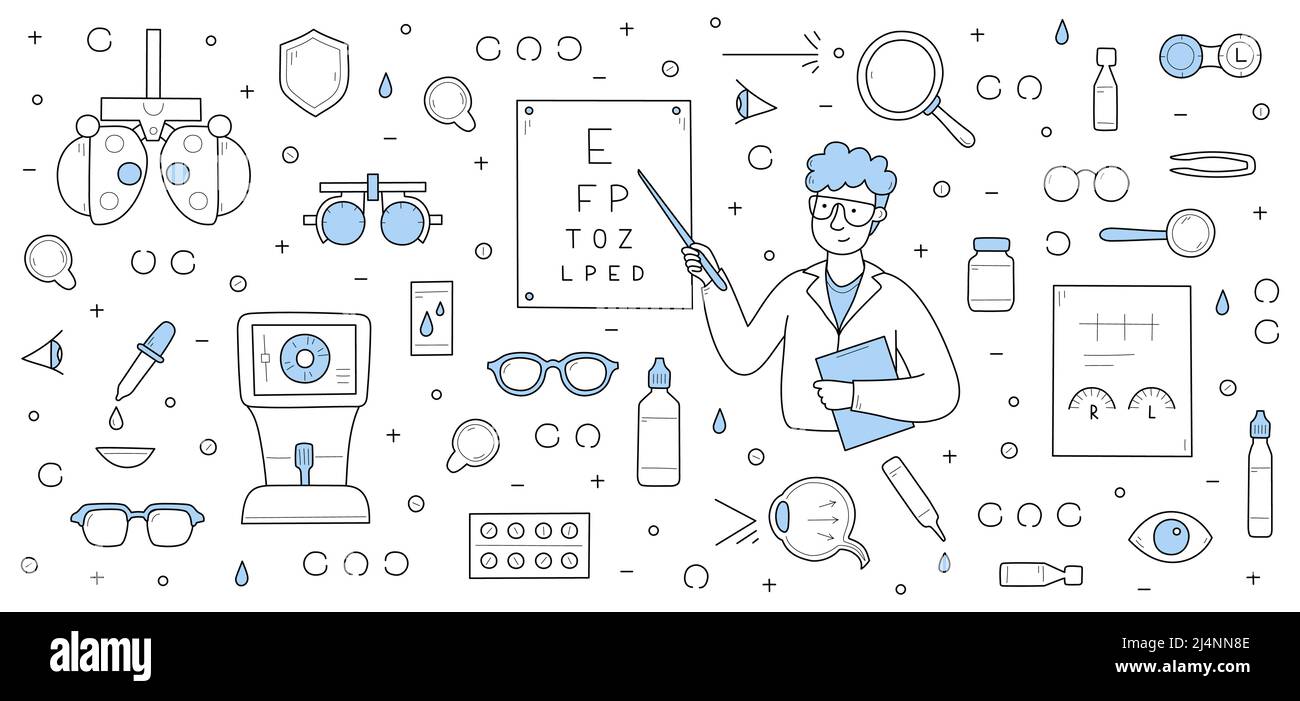 Ophthalmology background with doctor ophthalmologist check vision with eye test chart. Vector