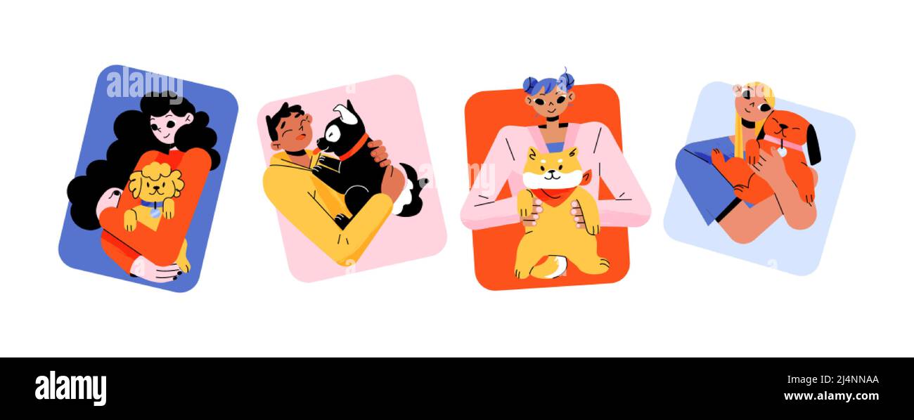 Portraits of owners with pets. People hold and hug dogs and cats. Vector flat illustration of happy women and man characters with domestic animals. Se Stock Vector