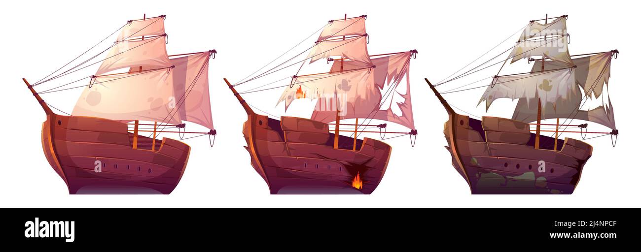 Wooden ships, isolated wood boats with white sails. Old and new battleships, barges after shipwreck and sea battle with ragged sails and broken planks Stock Vector