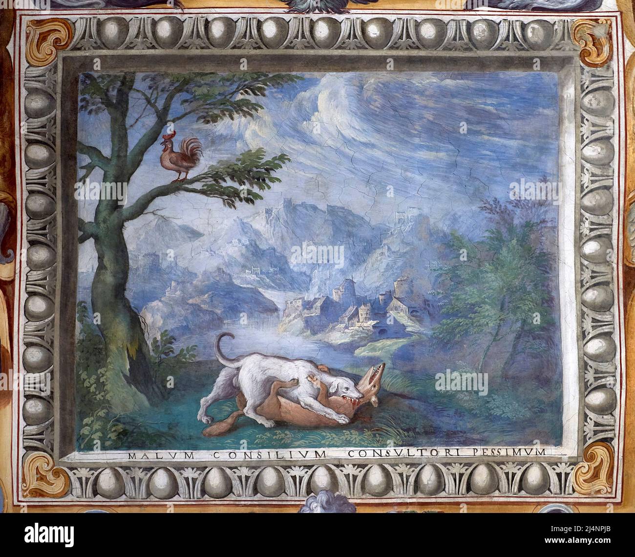Il gallo,la volpe e il cane, favola di Esopo affresco Cesare Baglione XVI secolo San Il gallo,la volpe e il cane, favola di Esopo affresco Cesare Baglione XVI secolo San