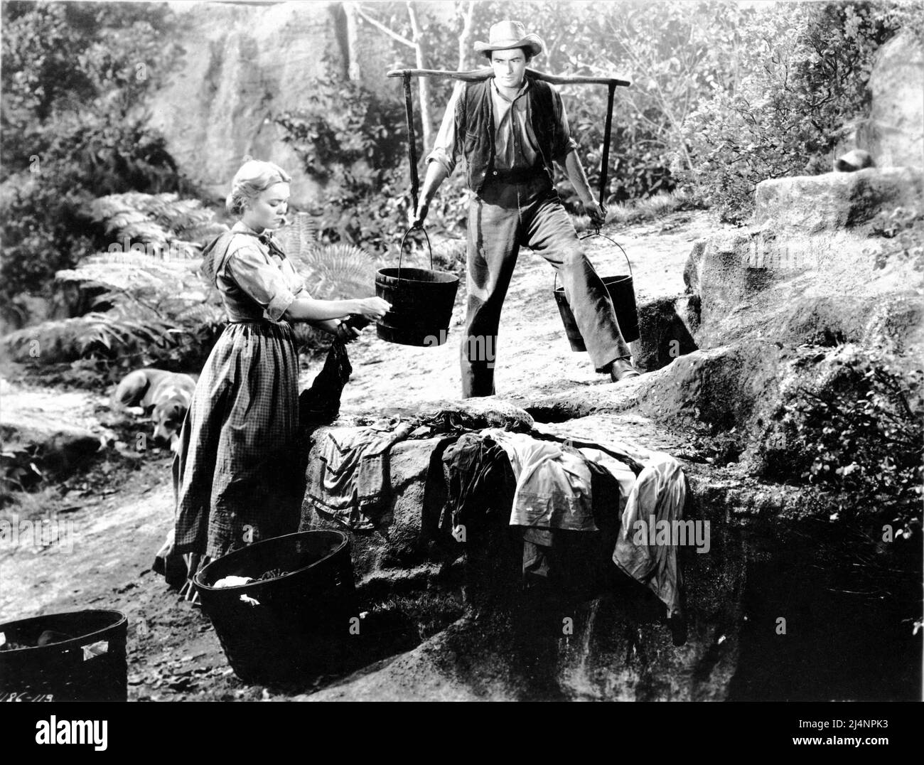 JANE WYMAN and GREGPRY PECK in THE YEARLING 1946 director CLARENCE BROWN based on the Pulitzer Prize novel by Marjorie Kinnan Rawlings screenplay Paul Osborn and John Lee Mahin music Herbert Stothart costume design Valles producer Sidney Franklin Metro Goldwyn Mayer Stock Photo