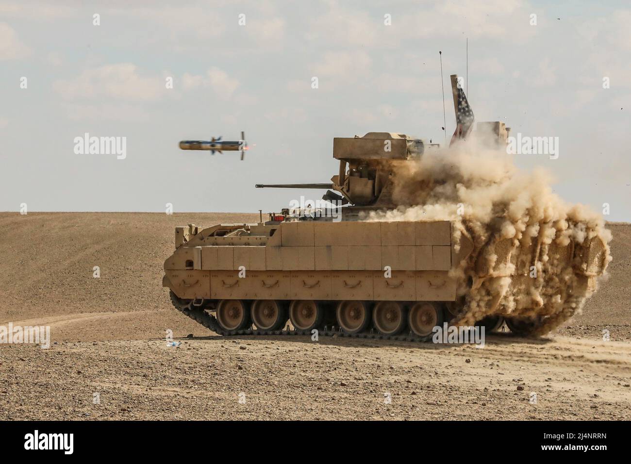 Syria. 25th Mar, 2022. U.S. Army crewmen fire a tube-launched, optically-tracked, wire-guided (TOW) anti-tank missile from a Bradley M2A3 Fighting Vehicle during a live fire exercise in Syria on March 25, 2022. Live fire exercises provide the Syrian Democratic Forces and Coalition partners with the opportunity to simulate combat realism in a controlled environment. Credit: U.S. Army/ZUMA Press Wire Service/ZUMAPRESS.com/Alamy Live News Stock Photo