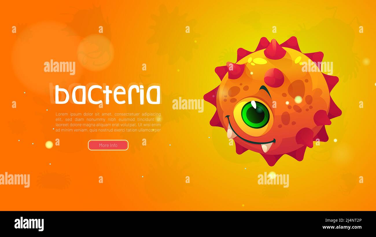 Bacteria banner with cute round microbe character. Vector medical ...