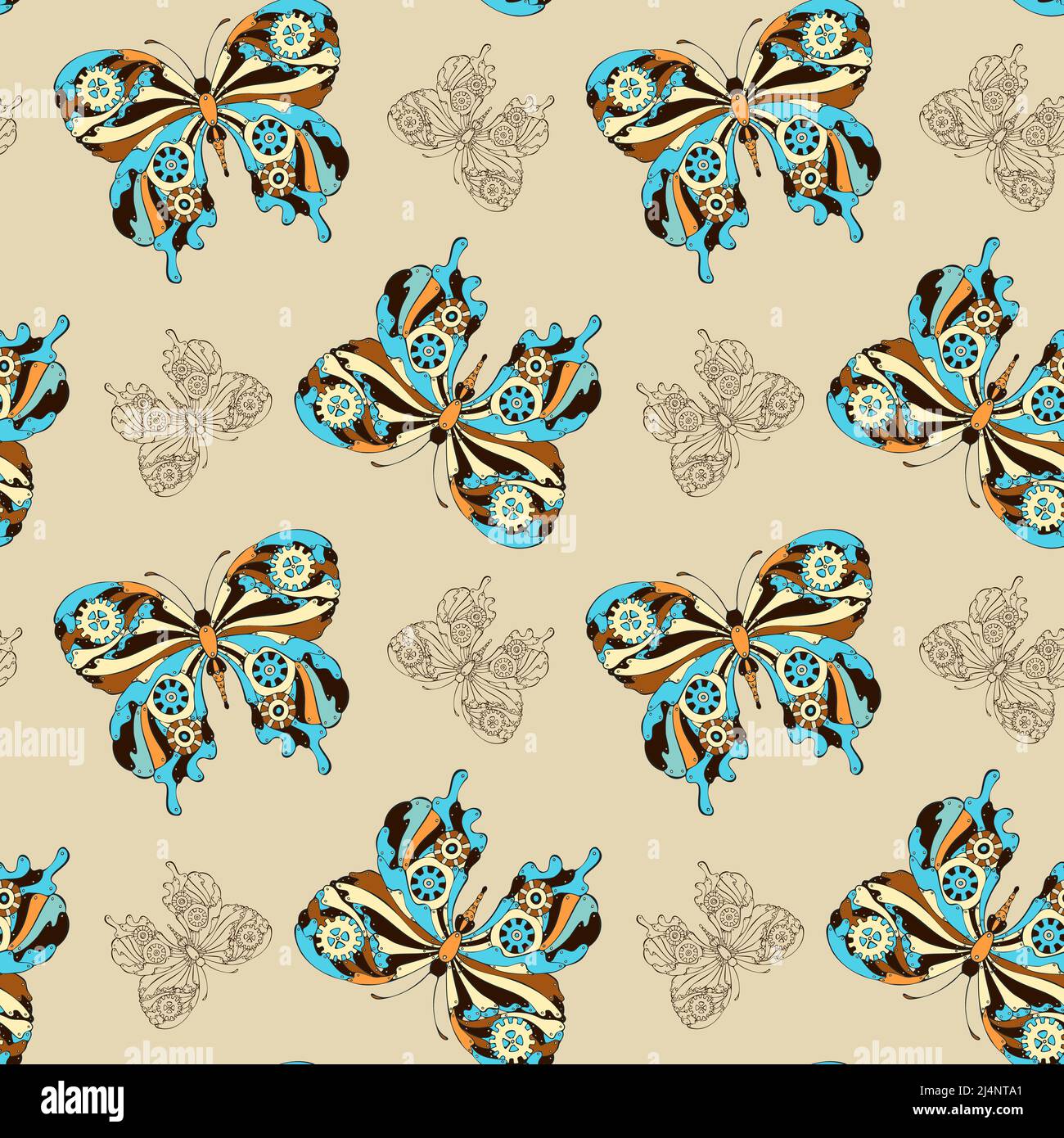 Butterfly pattern steampunk seamless. Hand drawn doodle. Vector illustration Stock Vector