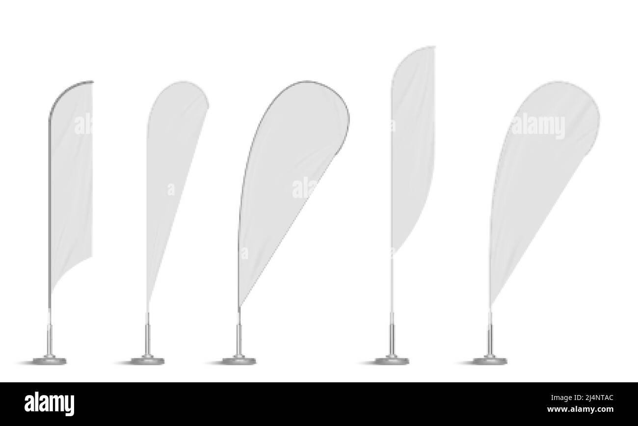 Bow and feather beach flags, blank curved wind banners templates. Vertical signboards for outdoor city advertising. Expo stands mockup isolated on whi Stock Vector
