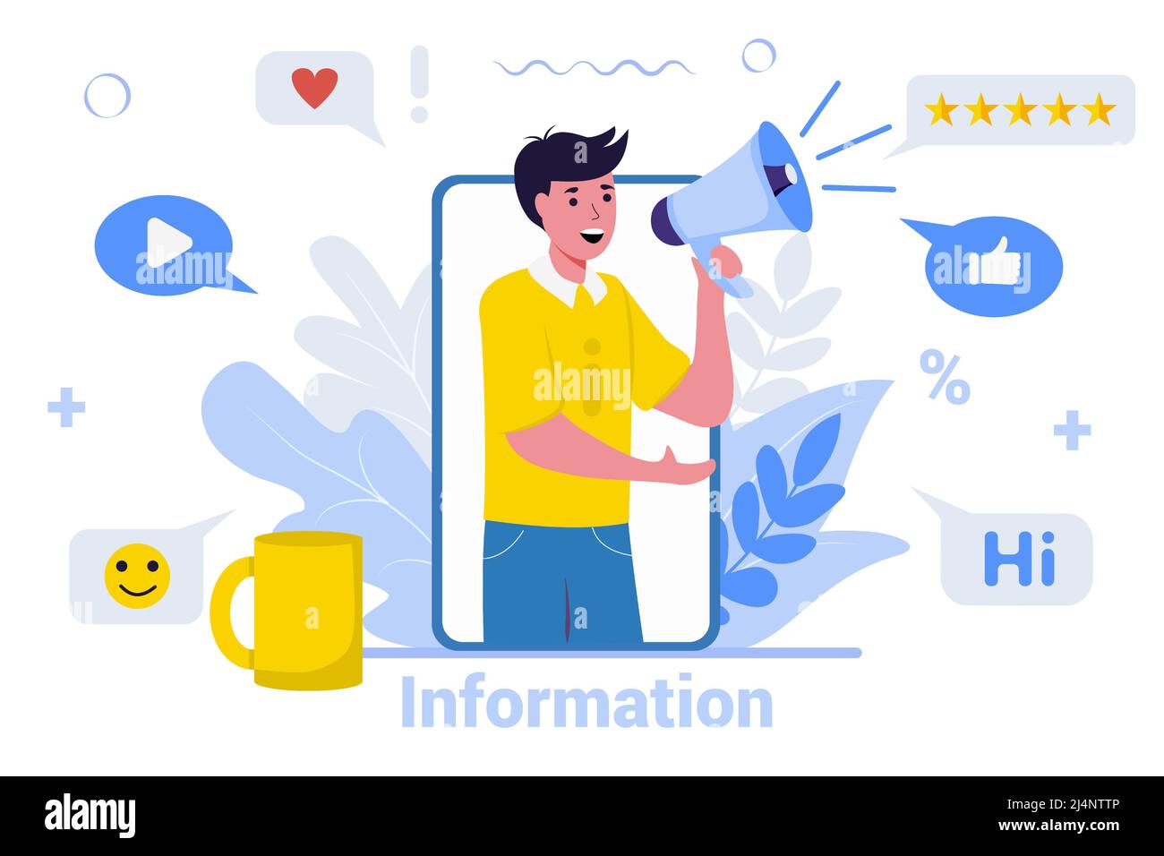 Smartphone with a man shouting in loudspeaker marketing advertisement ...