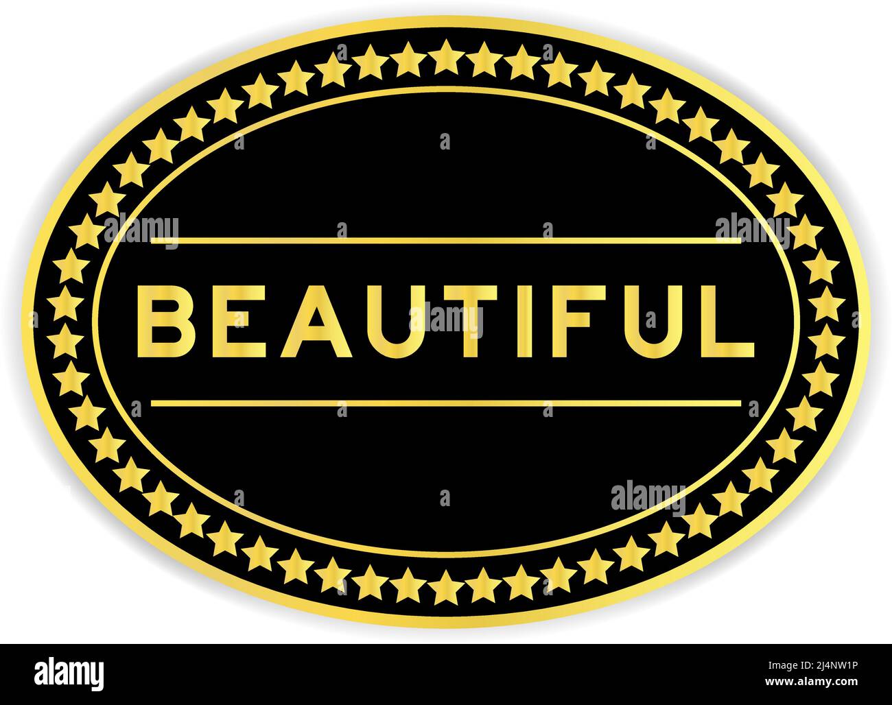 Black and gold color oval label sticker with word beautiful on white background Stock Vector