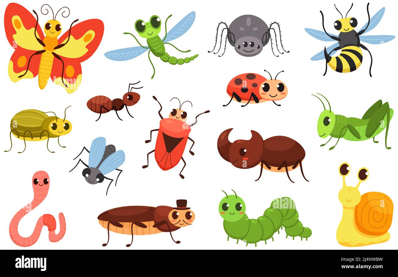 Cartoon insects. Happy bugs, cute little beetle and smiled caterpillar.  Wildlife insect vector Illustration set Stock Vector Image & Art - Alamy